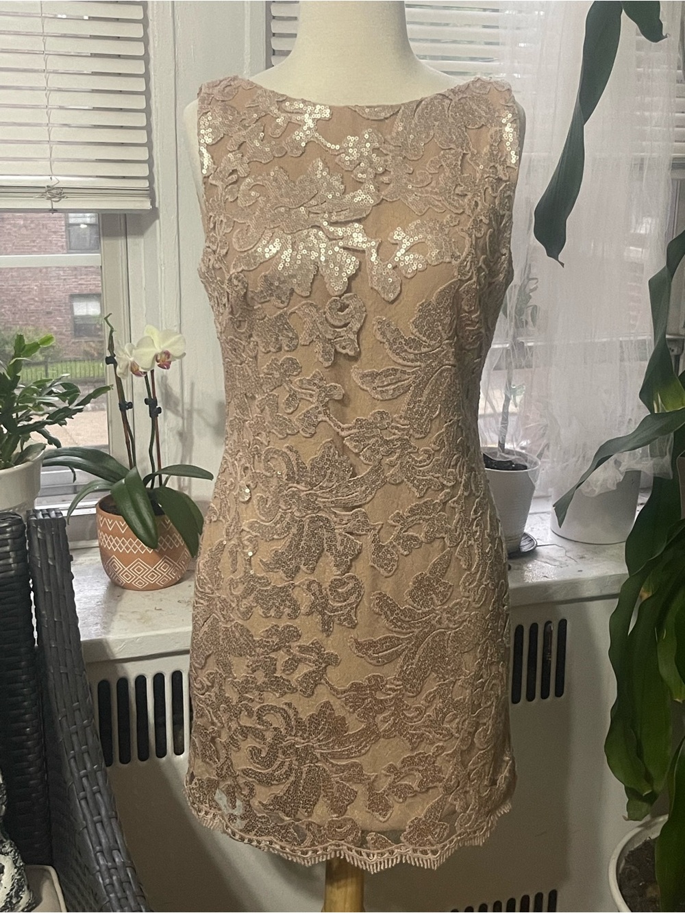 Dress the Population Rose Gold Embroidered Mini Dress